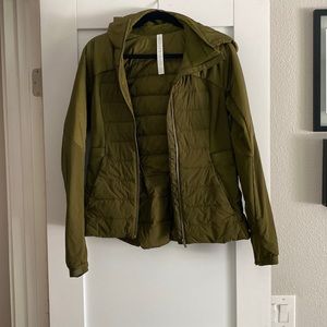 Lululemon down for it all jacket with hood, size 8 in moss green. Worn once.